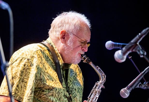 Benjamin Koppel - sax, Jens Soendergaard - sax, Alex Riel - trommer, Bo Stief - bas og Ole Kock Hansen paa scenen i Proevehallen i Valby loerdag den 11. juli 2020 under Sommer Jazz 2020, der afvikles som erstatning for Copenhagen Jazz Festival, der er aflyst paa grund af Coronakrisen Covid-19. , Copenhagen  Copyright: TorbenxChristensen TorbenxChristensenx COP201 spdk20200712-014824-L