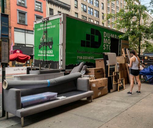New York during the COVID-19 pandemic Moving van loading up in Chelsea in New York on Tuesday, July 14, 2020. (  RichardxB.xLevine