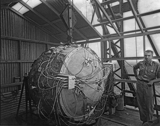 ...... Today (16 July) marks the chilling anniversary of the detonation of the first ever nuclear bomb. Now, I am become Death, the destroyer of worlds. J. Robert Oppenheimer, speaking at the detonation of his invention, the first atomic bomb. On 16 July 1945, the ?Trinity? nuclear test plunged humanity into the so-called Atomic Age. The first-ever nuclear bomb was detonated in New Mexico, at the Alamogordo Test Range. Nicknamed the gadget, the plutonium-based implosion-type device yielded 19 kilotons, creating a crater over 300 metres wide. Three weeks after the test, on 6 and 9 August 1945, nuclear bombs one of them based on the Trinity design - were dropped on the Japane Copyright: xx 40719185 EDITORIAL USE ONLY. NOT FOR USE BY NEWSPAPERS BASED IN THE UK.