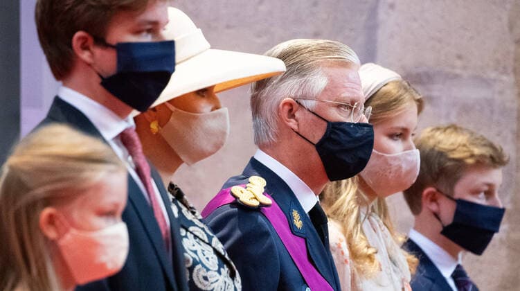 Princess Eleonore, Prince Gabriel, Queen Mathilde of Belgium, King Philippe - Filip of Belgium, Crown Princess Elisabeth and Prince Emmanuel pictured during the Te Deum mass, on the occasion of Today s Belgian National Day, at the Saint Michael and Saint Gudula Cathedral (Cathedrale des Saints Michel et Gudule Sint-Michiels- en Sint-Goedele kathedraal) in Brussels, Tuesday 21 July 2020.  BENOITxDOPPAGNE 2520525