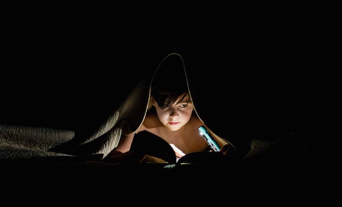 Young boy reading a book under a blanket using a flashlight. Kingston, ON, Canada CR_DOHO200717O-443775-01 ,model released, Symbolfoto