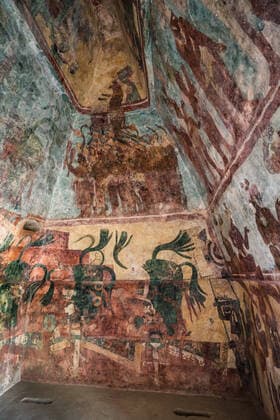 A fresco mural showing celebration and ritual in Room 3 of the Temple of the Murals in the ruins of the Mayan city of Bonampak in Chiapas, Mexico. Bonampak Ruins Chiapas Mexico Copyright: xJonxG.xFullerx JGF-ruins-Bonampak-MX-6706