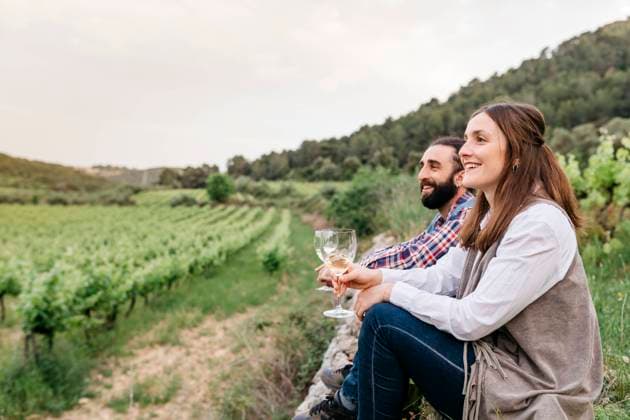 IMAGO Creative, Sommer, Weinfeste und Weinwanderungen Happy couple holding white wine glasses while sitting at vineyard model released Symbolfoto JRFF04495