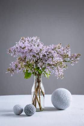 Wool spheres and bottle with blooming lilacs OJF00405