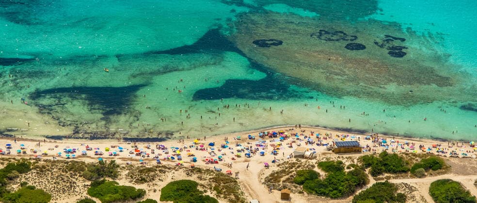 Luftbild, Strandleben am Platja Des Trenc, Sandstrand, Europa, Baleares, Spanien !ACHTUNGxMINDESTHONORARx60xEURO!