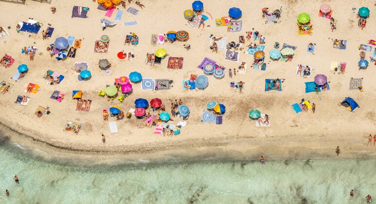 Luftbild, Strandleben am Platja Des Trenc, Sandstrand, Europa, Baleares, Spanien !ACHTUNGxMINDESTHONORARx60xEURO!