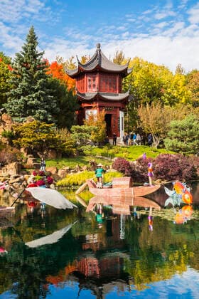 The annual Magic of Lanterns exhibit at the Dream Lake with the Tower of Condensing Clouds pavilion in the Chinese Garden in autumn, Montreal Botanical Garden; Montreal, Quebec, Canada  Copyright: PerryxMastrovito 33294033