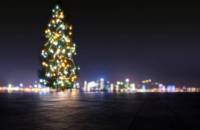 Dream starry sky city skyline night view Christmas tree lights pavement ground platform  544196906499178532