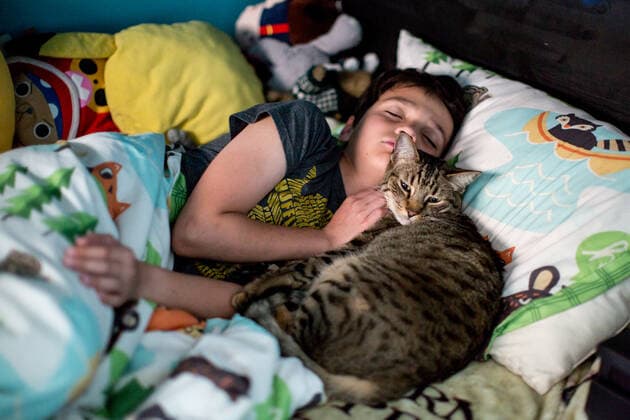 IMAGO Creative, Jahreszeit Herbst, Ferien Ten year old boy sleeps while his tabby cat snuggles him Thousand Oaks, CA, United States CR_ANWHER200715B-443977-01 ,model released, Symbolfoto