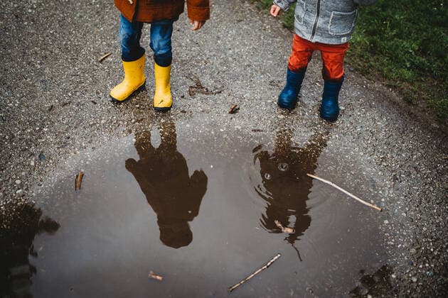 View from above reflection of young kids on puddle wearing rain boots Munich, BY, Germany CR_TANI200722C-455894-01 ,model released, Symbolfoto