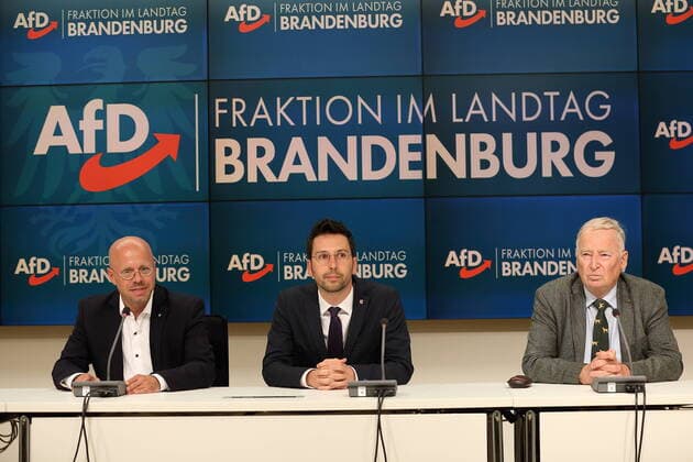 Bilder des Jahres 2020, News 08 August News Themen der Woche KW32 News Bilder des Tages Andreas Kalbitz (parteilos, bisheriger AfD-Landes- und Fraktionschef), Dennis Hohloch (AfD) und Alexander Gauland (AfD), v.l., während einer Pressekonferenz zu den Ergebnissen einer Sondersitzung der Landtagsfraktion, nach der Kalbitz sein Amt als Fraktionschef bis zu einer Entscheidung des Landgerichts Berlin zum Parteirauswurf durch den Bundesvorstand vorläufig ruhen lässt, Landtag Brandenburg, Potsdam, 4. August 2020. Landtag Brandenburg: Sondersitzung der AfD-Fraktion *** Andreas Kalbitz, former AfD State and faction leader, Dennis Hohloch AfD and Alexander Gauland AfD, from left, during a press conference on the results of a special session of the Landtag faction, after which Kalbitz will temporarily suspend his office as faction le