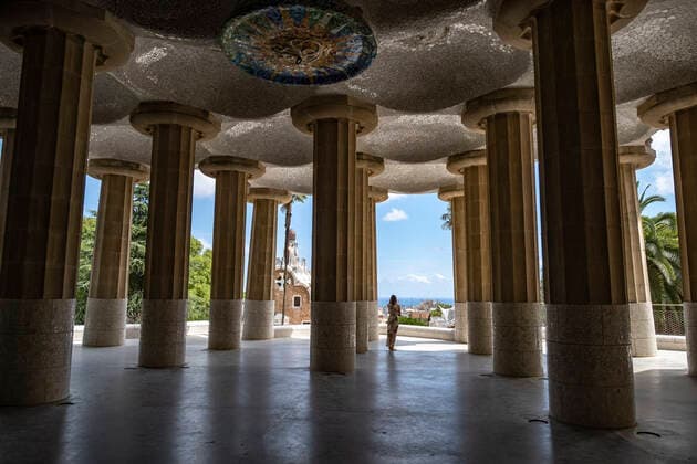 August 4, 2020, Barcelona, Spain: A tourist is seen in the Sala Hipostila designed by Antoni Gaudi in Park Güell in Barcelona..Despite having free access for residents of Barcelona during the summer, Park Güell, one of the most visited spaces in the city of Barcelona, has a low attendance of tourists and visitors due to Covid-19 contagion outbreaks. Barcelona Spain - ZUMAs197 20200804_zaa_s197_076 Copyright: xPacoxFreirex