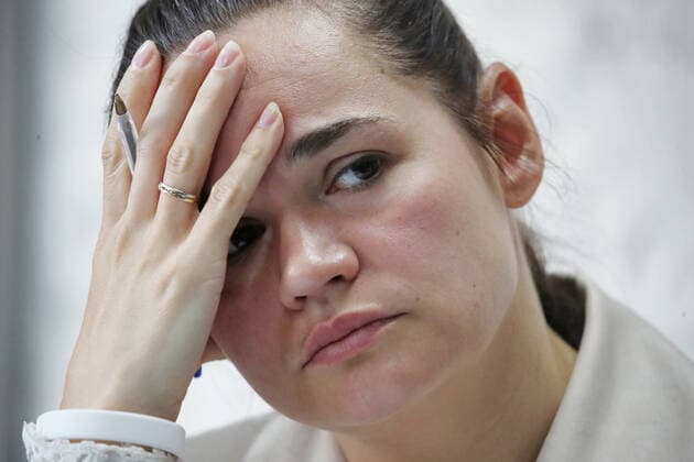 Bilder des Jahres 2020, News 08 August News Themen der Woche KW33 News Bilder des Tages MINSK, BELARUS - AUGUST 10, 2020: Former candidate in the 2020 Belarusian presidential election, Svetlana Tikhanovskaya during a press conference on the election results. Tikhanovskaya s campaign office does not recognize the results provided by the Belarusian Central Election Commission stating that incumbent president Alexander Lukashenko won the election with 81.35% of the votes. Natalia Fedosenko TASS  TS0E2CD4