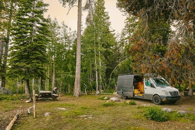 Camper van parked on campsite in northern California forest. Yosemite Valley, CA, United States CR_JUSLKY200806-466920-01 ,property released
