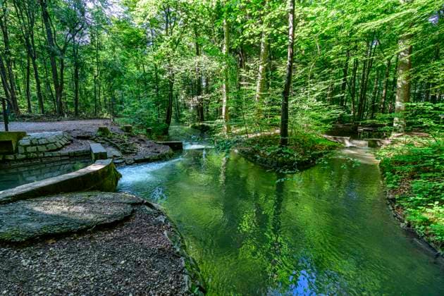 Ablass am oberen Anger im Siebentischwald in Augsburg Augsburgs historisches Wassersystem ist seit 2019 Welterbe der UNESCO Impressionen aus und um Augsburg Augsburg Stadtwald Bayern Deutschland *** Augsburgs historic water system has been a UNESCO World Heritage Site since 2019 Impressions from and around Augsburg Augsburg Augsburg Stadtwald Bayern Germany