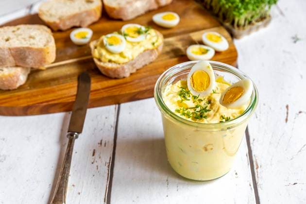 Jar of homemade egg salad with cress SARF04615