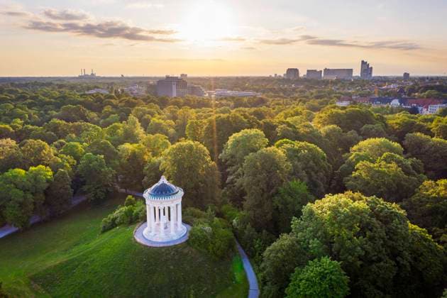 Germany, Bavaria, Munich, Aerial view of Monopteros in English Garden at sunset SIEF10002