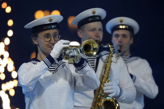 MOSCOW REGION, RUSSIA - SEPTEMBER 6, 2020: Musicians of the Nikolai Rimsky-Korsakov Central Exemplary Concert Band of the Russian Navy perform during a concert by participants in the Spasskaya Tower International Military Music Festival by the Main Cathedral of the Russian Armed Forces. Mikhail Japaridze TASS  TS0E6113