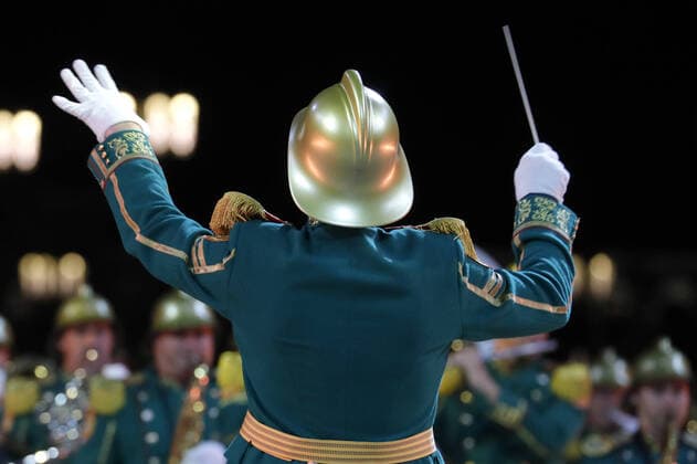 MOSCOW REGION, RUSSIA - SEPTEMBER 6, 2020: A member of the Russian Emergency Situations Ministry band performs during a concert by participants in the Spasskaya Tower International Military Music Festival by the Main Cathedral of the Russian Armed Forces. Mikhail Japaridze TASS  TS0E618B