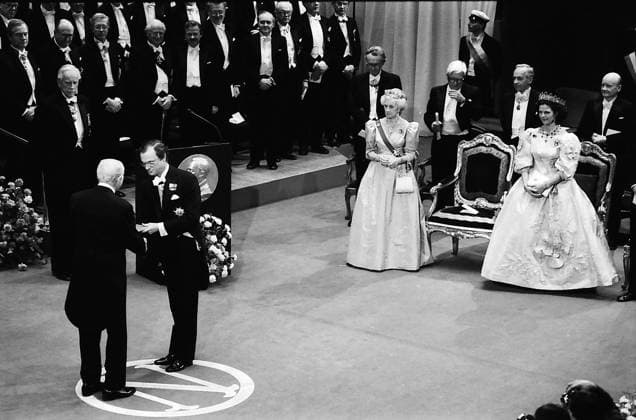 STOCKHOM _SWEDEN _ 10 December 1985 H.M.the king Carl Gustaf and Queem Sylvia of Sweden and prince Bertil and princess lilian of Halland and all deligates for receiving nobel prize from King Carl Gustaf are Joseph L.Goldstein in biochemistry Herbert A.Hauptman Mathematics Jerome Karle Chemistry Michael S.Brown Medicine biology Claude Simon in Literature Franco Modigliani in Economics and Klaus Von Klitzing Physics and later at nobel prize gala evening