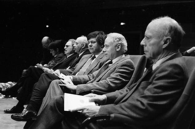 STOCKHOM _SWEDEN _ 10 December 1985 All nobel lUREtes hold press conference prior to Nobel ward ceremony H.M.the king Carl Gustaf and Queem Sylvia of Sweden and prince Bertil and princess lilian of Halland and all deligates for receiving nobel prize from King Carl Gustaf are Joseph L.Goldstein in biochemistry Herbert A.Hauptman Mathematics Jerome Karle Chemistry Michael S.Brown Medicine biology Claude Simon in Literature Franco Modigliani in Economics and Klaus Von Klitzing Physics and later at nobel prize gala evening
