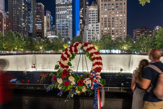 September 11, 2020, New York, United States: A memorial wreaths from Allied Pilots Association is seen at the National September 11 Memorial and Museum on 19th anniversary of terror attack..The twin lights represent the Twin Towers which were destroyed during terror attack in 2001. New York United States - ZUMAs197 20200911_zaa_s197_225 Copyright: xRonxAdarx