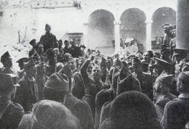 Black and white photograph of the siege of the Alcazar in Toledo during the Spanish Civil War (1936-1939). The Nationalists relieved the Alcazar on 27 September 1936; General Francisco Franco (1892-1975) gives his congratulations to his soldiers after liberating the Alcazar. WorldxHistoryxArchive 917_33_WHA_134_0223