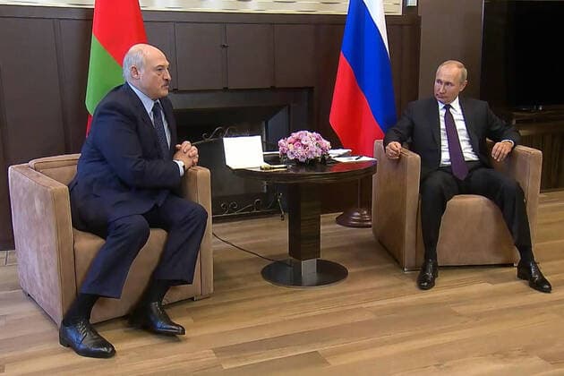 SOCHI, RUSSIA - SEPTEMBER 14, 2020: Belarus President Alexander Lukashenko (L) and Russia s President Vladimir Putin during a meeting at Bocharov Ruchei residence. Video screen grab. Russian Presidential Press and Information Office TASS  TS0E710E