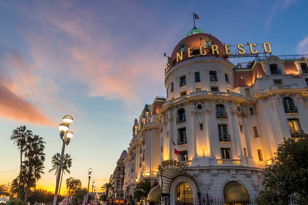 Illuminated Le Negresco Hotel building at sundown, Nice, Alpes Maritimes, Cote d Azur, French Riviera, Provence, France, Mediterranean, Europe Copyright: OliverxWintzen 1283-997 Editorial Use Only