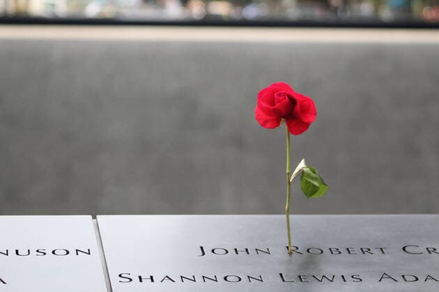 September 10, 2020, New York, New York, USA: In an unprecedented context due to Covid-19, the commemoration of the 9 11 attacks was unlike any other in New York. This red rose was placed in the hollow of a name engraved alongside all the others on the rim of one of the basins framing the Memorial waterfalls.The bereaved families was also confronted with the presidental context of the moment with the venue of Joe Biden, Democratic presidential candidate followed by Vice President Mike Pence during the ceremony. For the first time in 19 years since al Qaeda operatives destroyed the World Trade Center with two hijacked jets, the names of the almost 3,000 victims usually pronounced live were pre-recorded and broadcast by loudspeaker. New York - ZUMAb197 20200910_znp_b197_051 Copyright: xMariexLexBlex