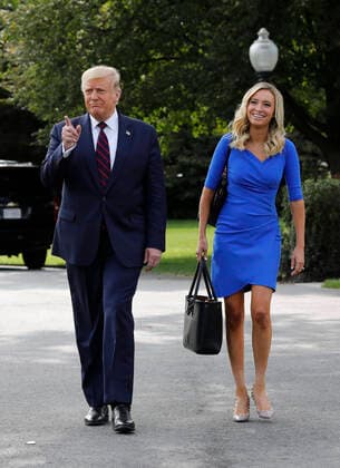 September 15, 2020, Washington, District of Columbia, USA: United States President Donald J. Trump walks with White House Press Secretary Kayleigh McEnany towards reporters on the South Lawn of the White House in Washington before his departure to Philadelphia on September 15, 2020 Washington USA - ZUMAs152 20200915_zaa_s152_301 Copyright: xYurixGripasx-xPoolxViaxCnpx