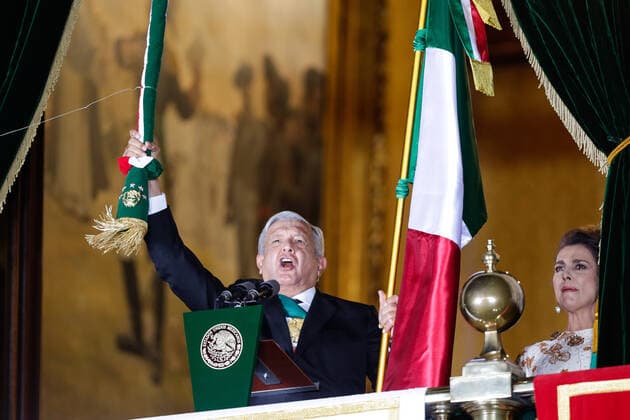 (200916) -- MEXICO CITY, Sept. 16, 2020 -- Mexican President Andres Manuel Lopez Obrador (L) attends the Independence Day celebrations in Mexico City, capital of Mexico, Sept. 15, 2020. (Photo by Xinhua) MEXICO-MEXICO CITY-INDEPENDENCE DAY-CELEBRATION FranciscoxCanedo 