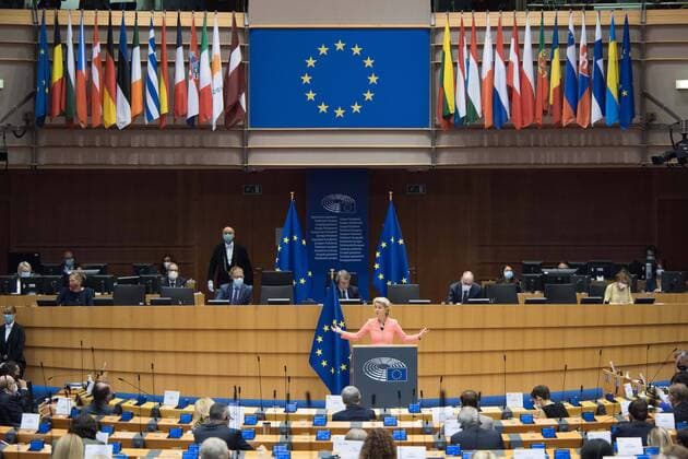(200916) -- BRUSSELS, Sept. 16, 2020 -- European Commission President Ursula von der Leyen delivers her first State of Union address to the European Parliament in Brussels, Belgium, Sept. 16, 2020. ( Handout via Xinhua) BELGIUM-BRUSSELS-EU-VON DER LEYEN-STATE OF UNION-SPEECH EuropeanxUnion 