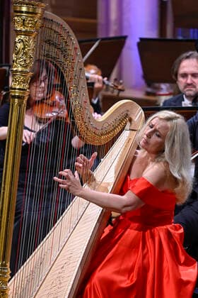 Czech Harpist Jana Bouskova (pictured) and PKF - Prague Philharmonia perform during the concert of Dvorak Prague international music festival. PKF - Prague Philharmonia is conducted by Marek Sedivy in Prague, Czech Republic, September 16, 2020. (CTKxPhoto VitxSimanek) CTKPhotoP202009161056101 VIS 002