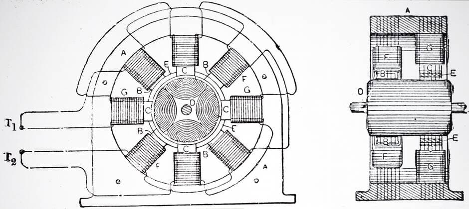 Engraving depicting Tesla s split phase motor, and on right in partial section. WorldxHistoryxArchive 917_36_WHA_144_0236