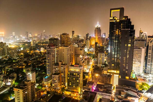 Thailand, Bangkok, Aerial view of capital city downtown at night RUNF04074
