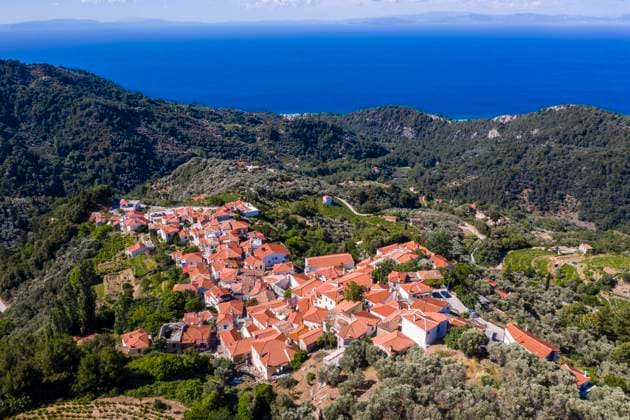 Greece, Manolates, Aerial view of mountain village on Samos island RUNF04080