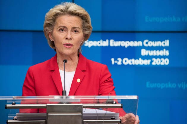 (201002) -- BRUSSELS, Oct. 2, 2020 -- European Commission President Ursula von der Leyen attends an online press conference after the first day meeting of the (EU) special summit in Brussels, Belgium, Oct. 2, 2020. The EU is ready to impose sanctions on Turkey while at the same time willing to engage with the country to solve disputes over the energy reserves in the Eastern Mediterranean, EU leaders said early Friday. ( Handout via Xinhua) BELGIUM-BRUSSELS-EU-SPECIAL SUMMIT EuropeanxUnion 