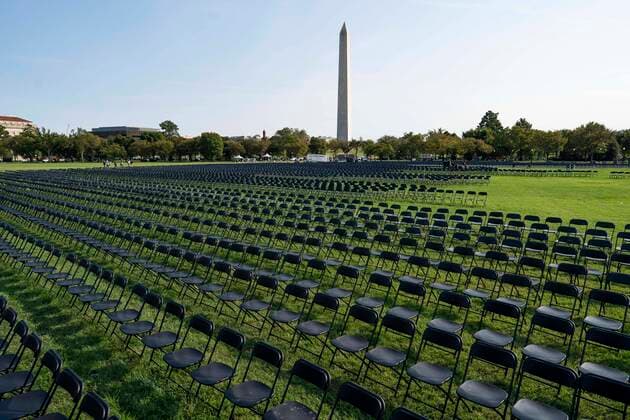 Bilder des Jahres 2020, News 10 Oktober News Themen der Woche KW40 News Bilder des Tages (201004) -- WASHINGTON, Oct. 4, 2020 -- Empty chairs sit on the Ellipse near the White House in Washington, D.C., the United States, on Oct. 4, 2020. Twenty thousand empty chairs were set up near the White House on Sunday to mourn the more than 200,000 lives lost in United States from COVID-19. ) U.S.-WASHINGTON, D.C.-COVID-19-DEATHS-REMEMBRANCE LiuxJie 