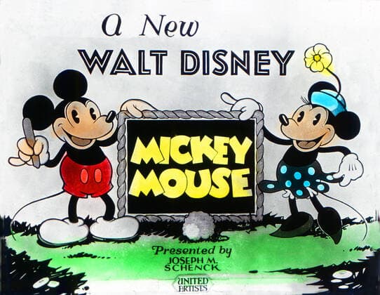 Cinema announcement slide advertising A NEW WALT DISNEY MICKEY MOUSE and showing MICKEY MOUSE and MINNIE MOUSE. Strictly editorial use only in conjunction with the promotion of the film. Credit line mandatory. This image is copyright of the film company and is supplied under the terms of issue as film still. No commercial or book cover use permitted without prior consent from the film company.  Mandatory credit line: Image courtesy WALT DISNEY PICTURES Ronald Grant Archive Mary Evans