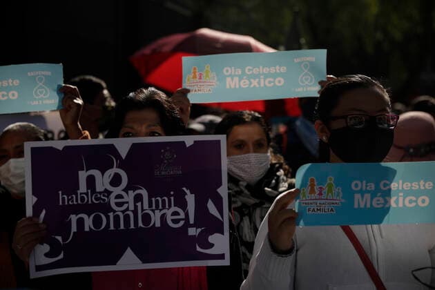 Mexico: Protest against legalization of Abortion Demonstrators of National Front For Family take part during a protest against legalization of abortion in the country, outside the Senate of Mexico, while Senators discuss the modification of a law for the decriminalization or not of abortion in Mexico City, Mexico. **World Rights ** Mexico City Mexico Copyright: MarianaxBae