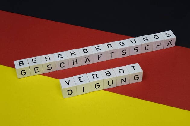 Beherbergungsverbot und Geschäftsschädigung Beherbergungsverbot und Geschäftsschädigung, 08.10.2020, Borkwalde, Brandenburg, Auf einer Deutschlandfahne liegen Buchstabenwürfel mit den Worten Beherbergungsverbot und Geschäftsschädigung.