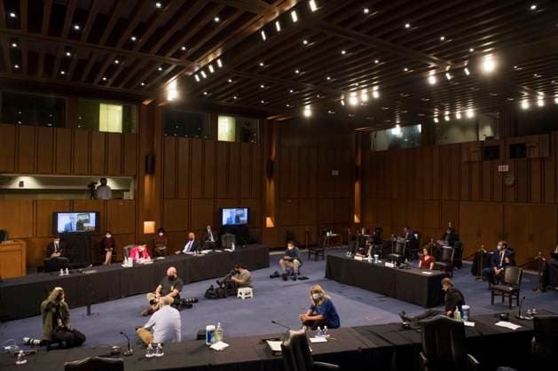October 15, 2020, USA: Witnesses Professor Saikrishna Prakash, left, and Laura Wolk, right, are joined by six other witnesses who are taking part remotely, as they all offer opening remarks during the third panel of testimony from outside witnesses about the nomination of Supreme Court Justice nominee Amy Coney Barrett on the fourth day of Senate confirmation hearings in the Hart Senate Office Building on Capitol Hill in Washington, DC, Thursday, October 15, 2020. Credit: Rod Lamkey CNP USA - ZUMAs152 20201015_zaa_s152_333 Copyright: xRodxLamkeyx-xCnpx