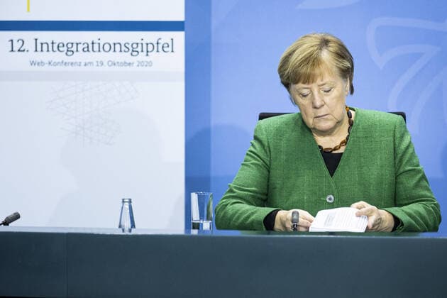 Angela Merkel, Bundeskanzlerin, aufgenommen im Rahmen einer Pressekonferenz zum 12. Integrationsgipfel in Berlin, 19.10.2020. Berlin Deutschland