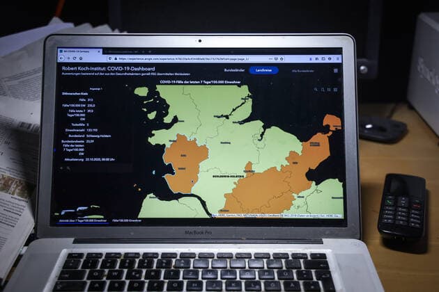 Corona Dashboard DEU, Deutschland, Schleswig-Holstein, 22.10.2020: Robert Koch-Institut: COVID-19-Dashboard. Die 7-Tage-Inzidenz (Fälle letzte 7 Tage 100.000 EW) für das gesamte Bundesland beträgt 23,59
