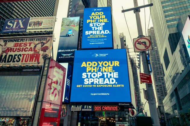 New York during the COVID-19 pandemic Advertising for the Covid-19 tracking app on a screen in Times Square in New York on Thursday, October 22, 2020. (  RichardxB.xLevine