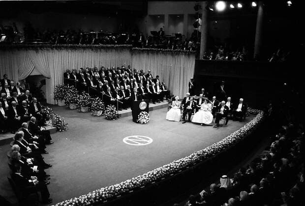 STOCKHOM _SWEDEN _ 10 December 1985 H.M.the king Carl Gustaf and Queem Sylvia of Sweden and prince Bertil and princess lilian of Halland and all deligates for receiving nobel prize from King Carl Gustaf are Joseph L.Goldstein in biochemistry Herbert A.Hauptman Mathematics Jerome Karle Chemistry Michael S.Brown Medicine biology Claude Simon in Literature Franco Modigliani in Economics and Klaus Von Klitzing Physics and later at nobel prize gala evening