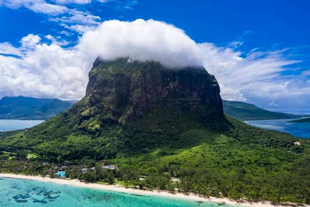 Mauritius, Helicopter view of Le Morne Brabant peninsula in summer AMF08447