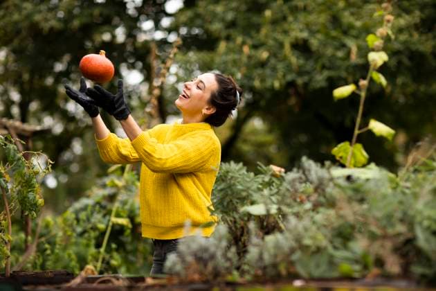Woman playing with pumpkin while standing at urban garden model released Symbolfoto SGF02682