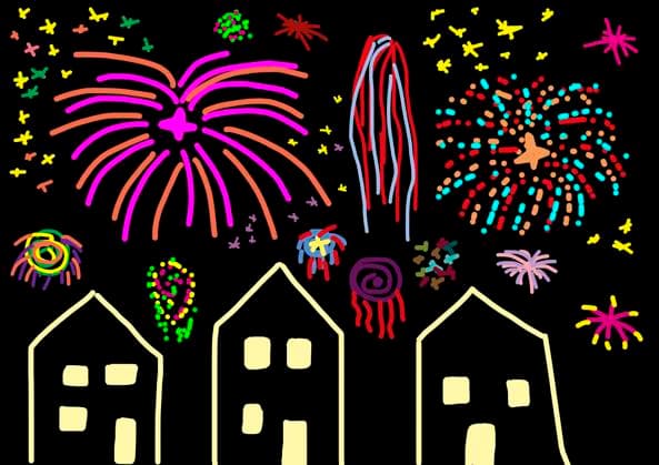 Child s drawing of colourful fireworks over houses property released WWF05248